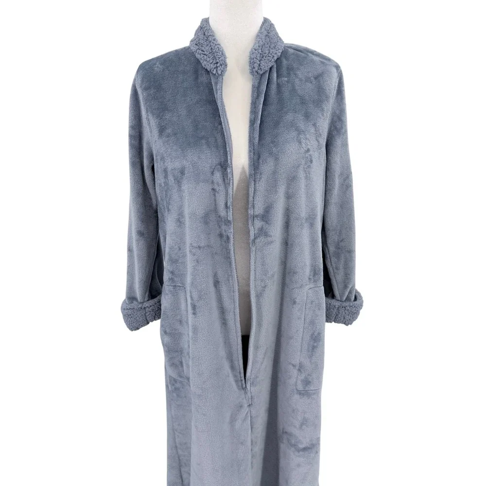 Natori Slate Blue Plush Faux Fur Half Zip Long Robe Sherpa Trim Size M Cozy Warm